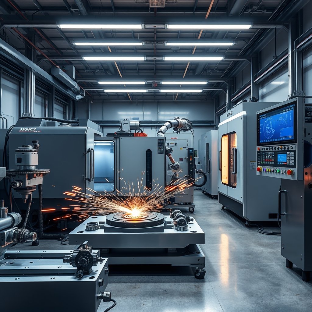 a high tech cnc machining workshop filled with advanced cnc milling machines and lathes cutting prec 1